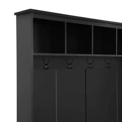 ON-TREND Elegant Wide Hall Tree with 5 Hooks, Versatile Entryway Lift Top Storage Bench with 2 Drawers, Retro Wooden 3-in-1 Coat Rack with Black Handles for Mudroom, Living Room, Black, 59'Wx74'H