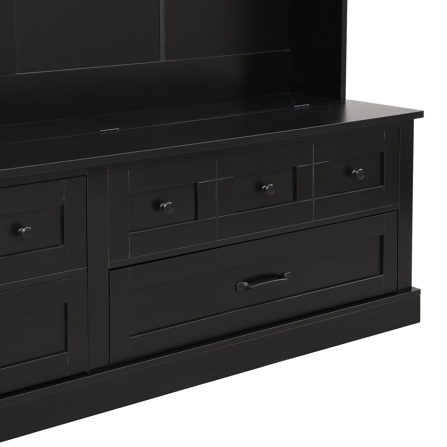 ON-TREND Elegant Wide Hall Tree with 5 Hooks, Versatile Entryway Lift Top Storage Bench with 2 Drawers, Retro Wooden 3-in-1 Coat Rack with Black Handles for Mudroom, Living Room, Black, 59'Wx74'H