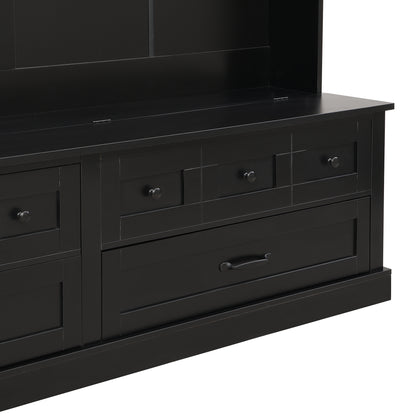 ON-TREND Elegant Wide Hall Tree with 5 Hooks, Versatile Entryway Lift Top Storage Bench with 2 Drawers, Retro Wooden 3-in-1 Coat Rack with Black Handles for Mudroom, Living Room, Black, 59'Wx74'H