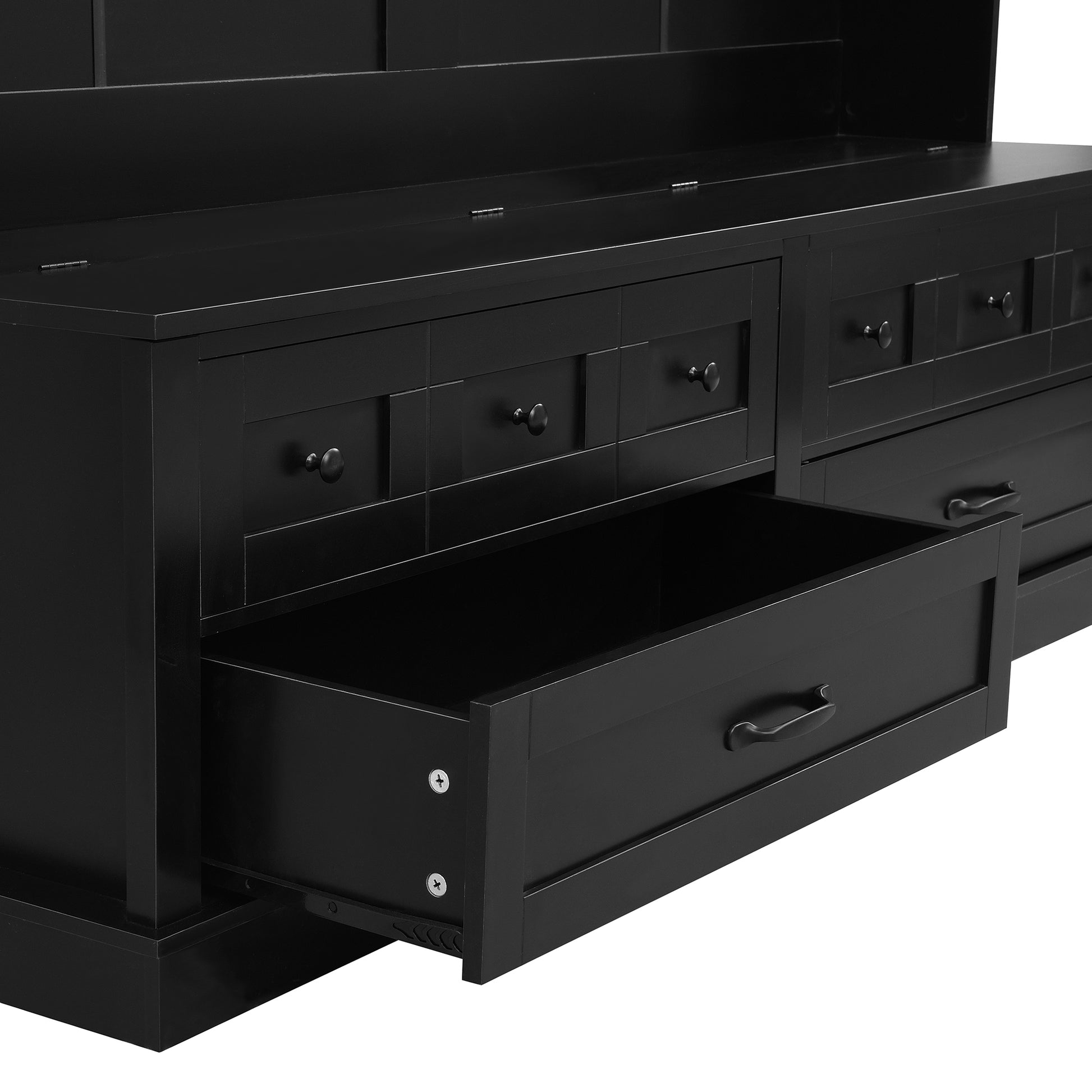 ON-TREND Elegant Wide Hall Tree with 5 Hooks, Versatile Entryway Lift Top Storage Bench with 2 Drawers, Retro Wooden 3-in-1 Coat Rack with Black Handles for Mudroom, Living Room, Black, 59'Wx74'H