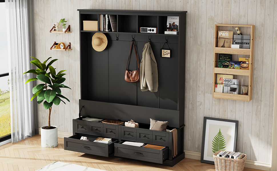 ON-TREND Elegant Wide Hall Tree with 5 Hooks, Versatile Entryway Lift Top Storage Bench with 2 Drawers, Retro Wooden 3-in-1 Coat Rack with Black Handles for Mudroom, Living Room, Black, 59'Wx74'H