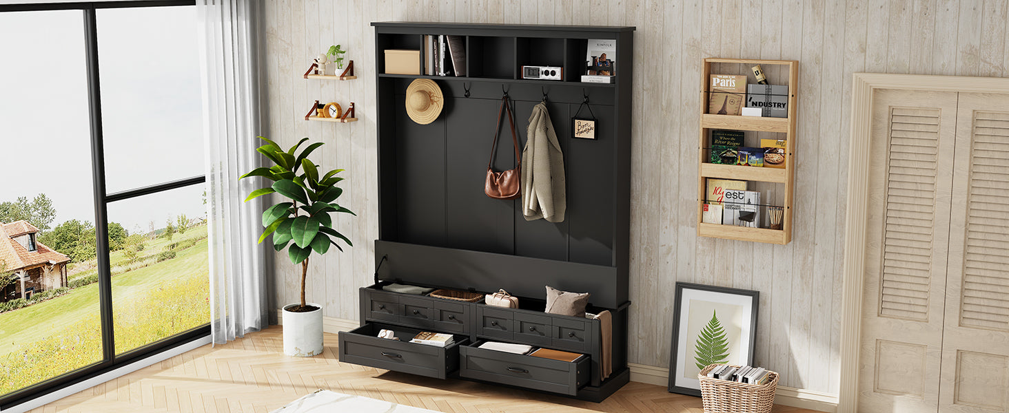 ON-TREND Elegant Wide Hall Tree with 5 Hooks, Versatile Entryway Lift Top Storage Bench with 2 Drawers, Retro Wooden 3-in-1 Coat Rack with Black Handles for Mudroom, Living Room, Black, 59'Wx74'H