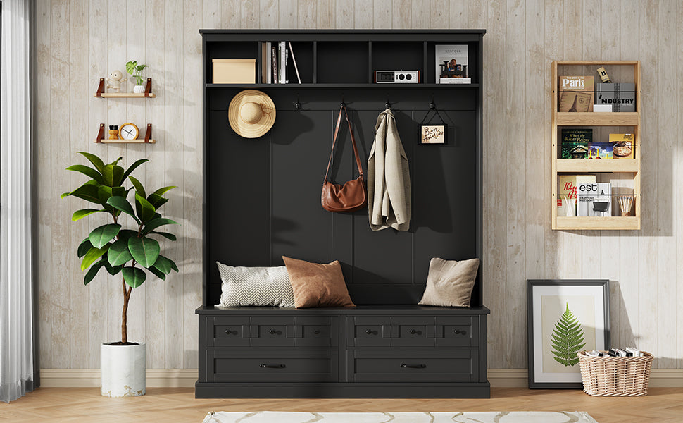 ON-TREND Elegant Wide Hall Tree with 5 Hooks, Versatile Entryway Lift Top Storage Bench with 2 Drawers, Retro Wooden 3-in-1 Coat Rack with Black Handles for Mudroom, Living Room, Black, 59'Wx74'H