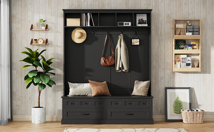 ON-TREND Elegant Wide Hall Tree with 5 Hooks, Versatile Entryway Lift Top Storage Bench with 2 Drawers, Retro Wooden 3-in-1 Coat Rack with Black Handles for Mudroom, Living Room, Black, 59'Wx74'H