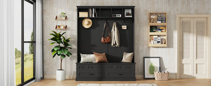 ON-TREND Elegant Wide Hall Tree with 5 Hooks, Versatile Entryway Lift Top Storage Bench with 2 Drawers, Retro Wooden 3-in-1 Coat Rack with Black Handles for Mudroom, Living Room, Black, 59'Wx74'H