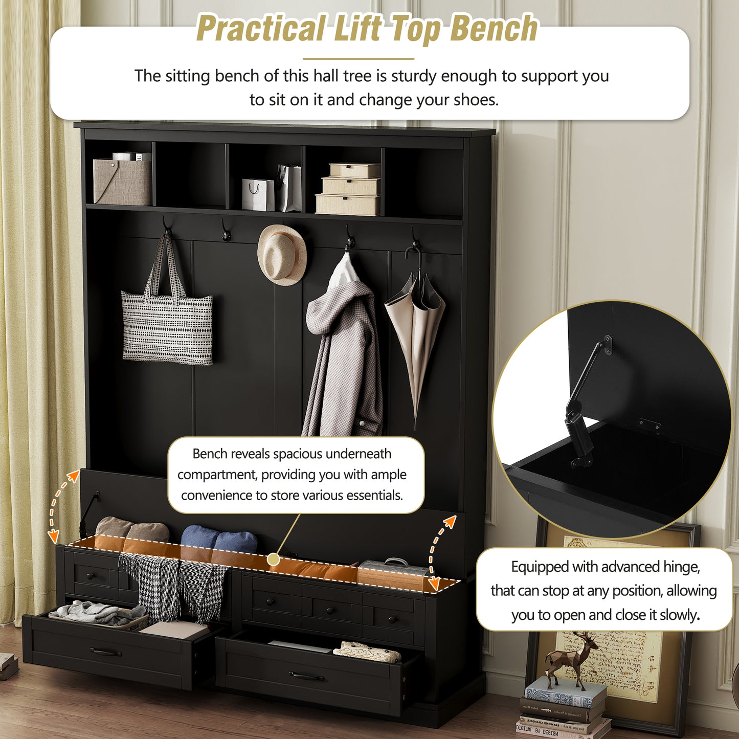 ON-TREND Elegant Wide Hall Tree with 5 Hooks, Versatile Entryway Lift Top Storage Bench with 2 Drawers, Retro Wooden 3-in-1 Coat Rack with Black Handles for Mudroom, Living Room, Black, 59'Wx74'H