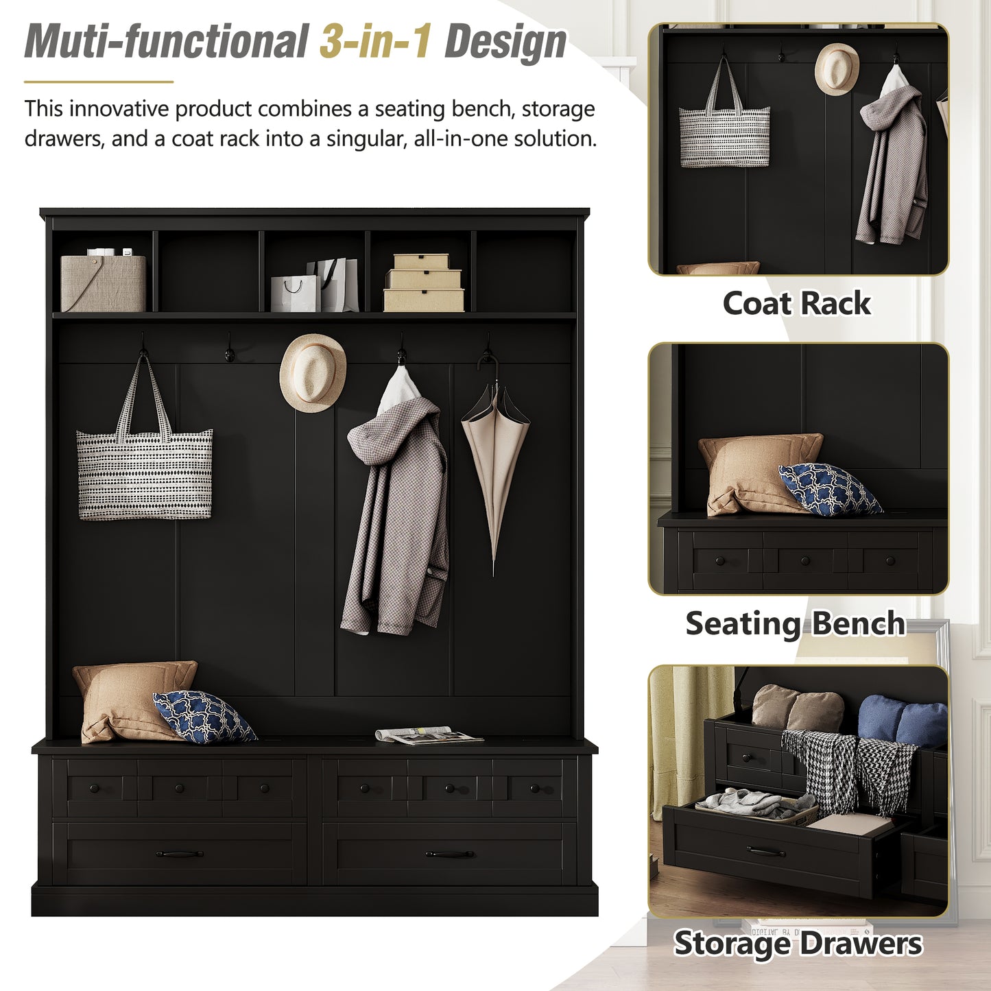 ON-TREND Elegant Wide Hall Tree with 5 Hooks, Versatile Entryway Lift Top Storage Bench with 2 Drawers, Retro Wooden 3-in-1 Coat Rack with Black Handles for Mudroom, Living Room, Black, 59'Wx74'H