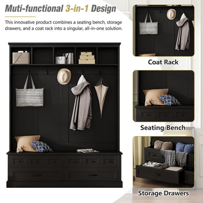 ON-TREND Elegant Wide Hall Tree with 5 Hooks, Versatile Entryway Lift Top Storage Bench with 2 Drawers, Retro Wooden 3-in-1 Coat Rack with Black Handles for Mudroom, Living Room, Black, 59'Wx74'H