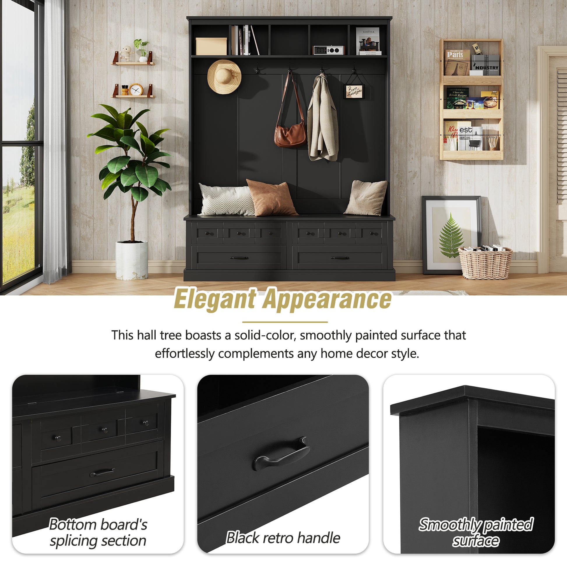 ON-TREND Elegant Wide Hall Tree with 5 Hooks, Versatile Entryway Lift Top Storage Bench with 2 Drawers, Retro Wooden 3-in-1 Coat Rack with Black Handles for Mudroom, Living Room, Black, 59'Wx74'H