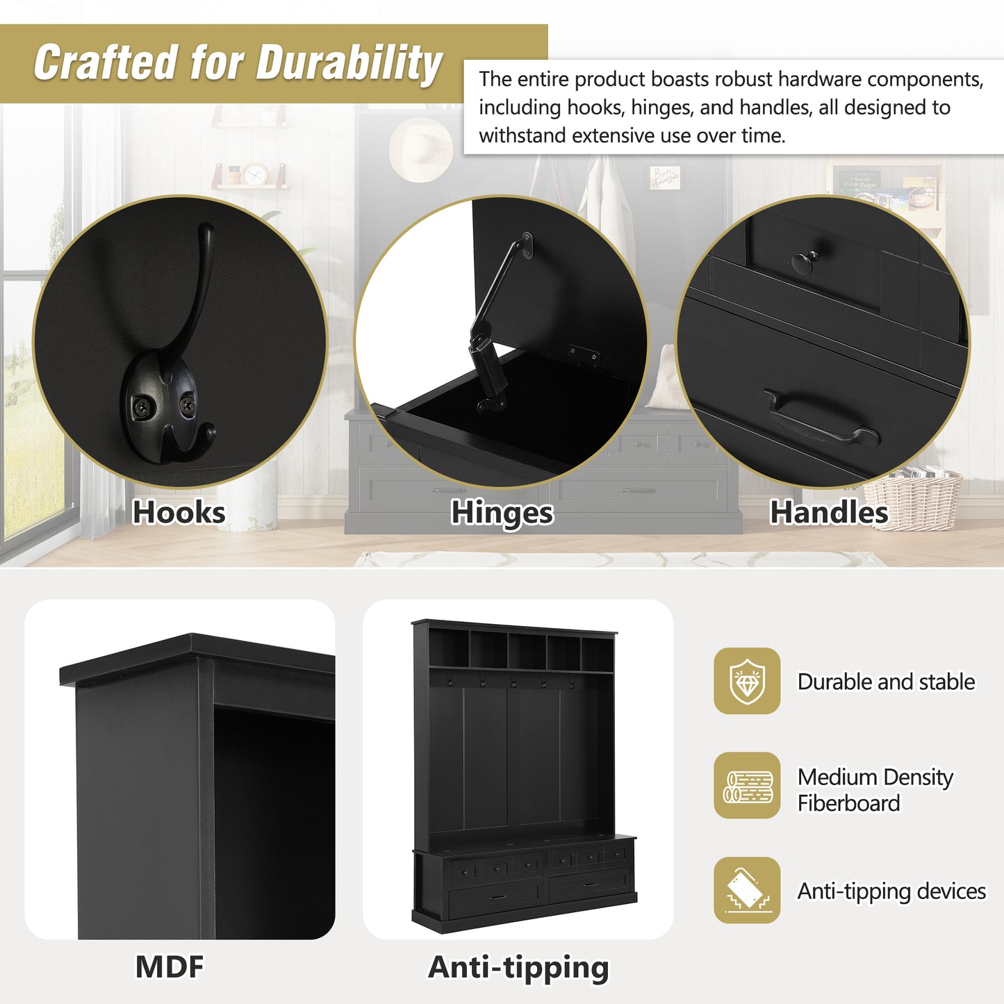 ON-TREND Elegant Wide Hall Tree with 5 Hooks, Versatile Entryway Lift Top Storage Bench with 2 Drawers, Retro Wooden 3-in-1 Coat Rack with Black Handles for Mudroom, Living Room, Black, 59'Wx74'H