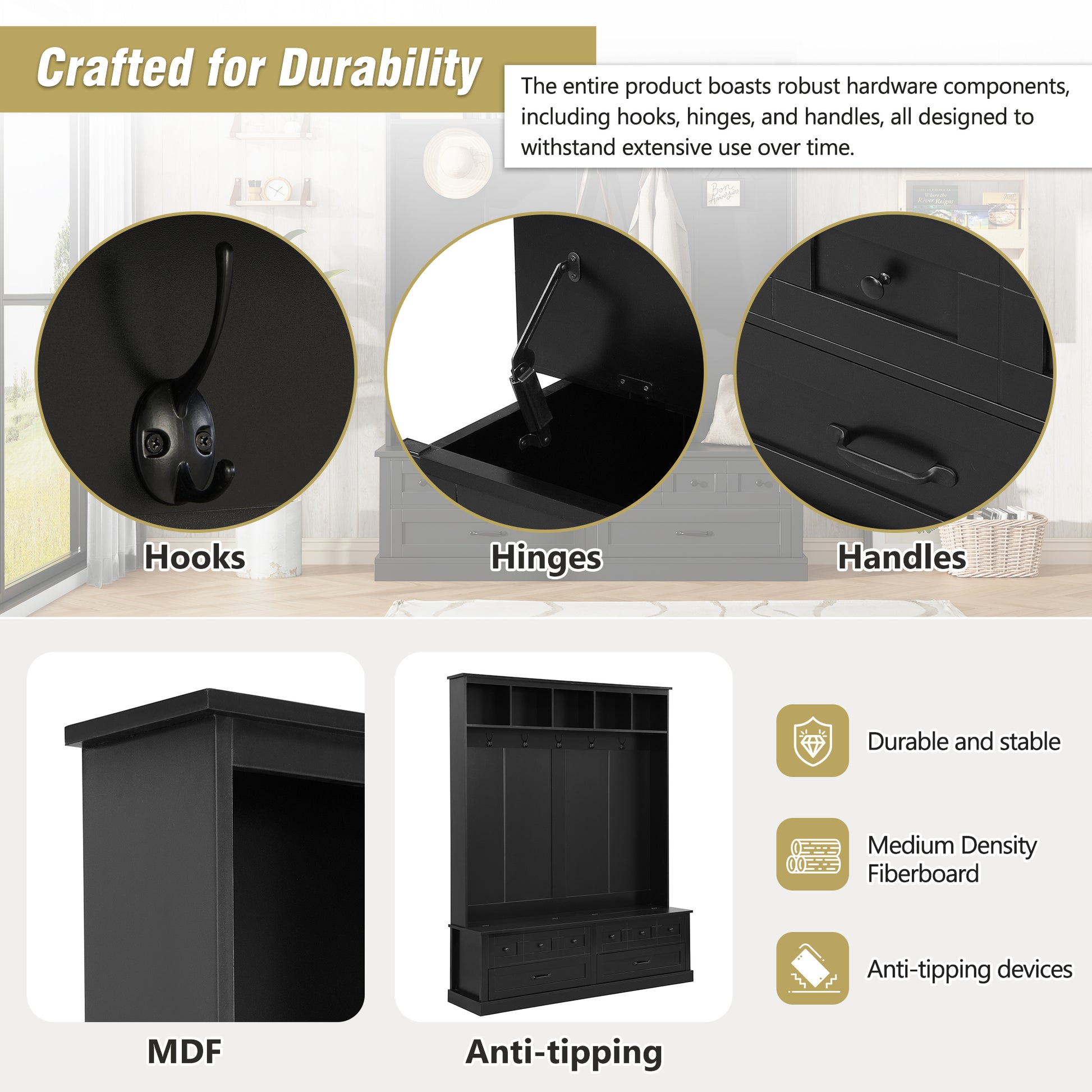 ON-TREND Elegant Wide Hall Tree with 5 Hooks, Versatile Entryway Lift Top Storage Bench with 2 Drawers, Retro Wooden 3-in-1 Coat Rack with Black Handles for Mudroom, Living Room, Black, 59'Wx74'H