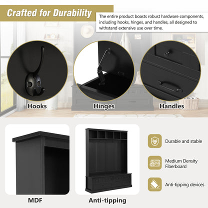 ON-TREND Elegant Wide Hall Tree with 5 Hooks, Versatile Entryway Lift Top Storage Bench with 2 Drawers, Retro Wooden 3-in-1 Coat Rack with Black Handles for Mudroom, Living Room, Black, 59'Wx74'H