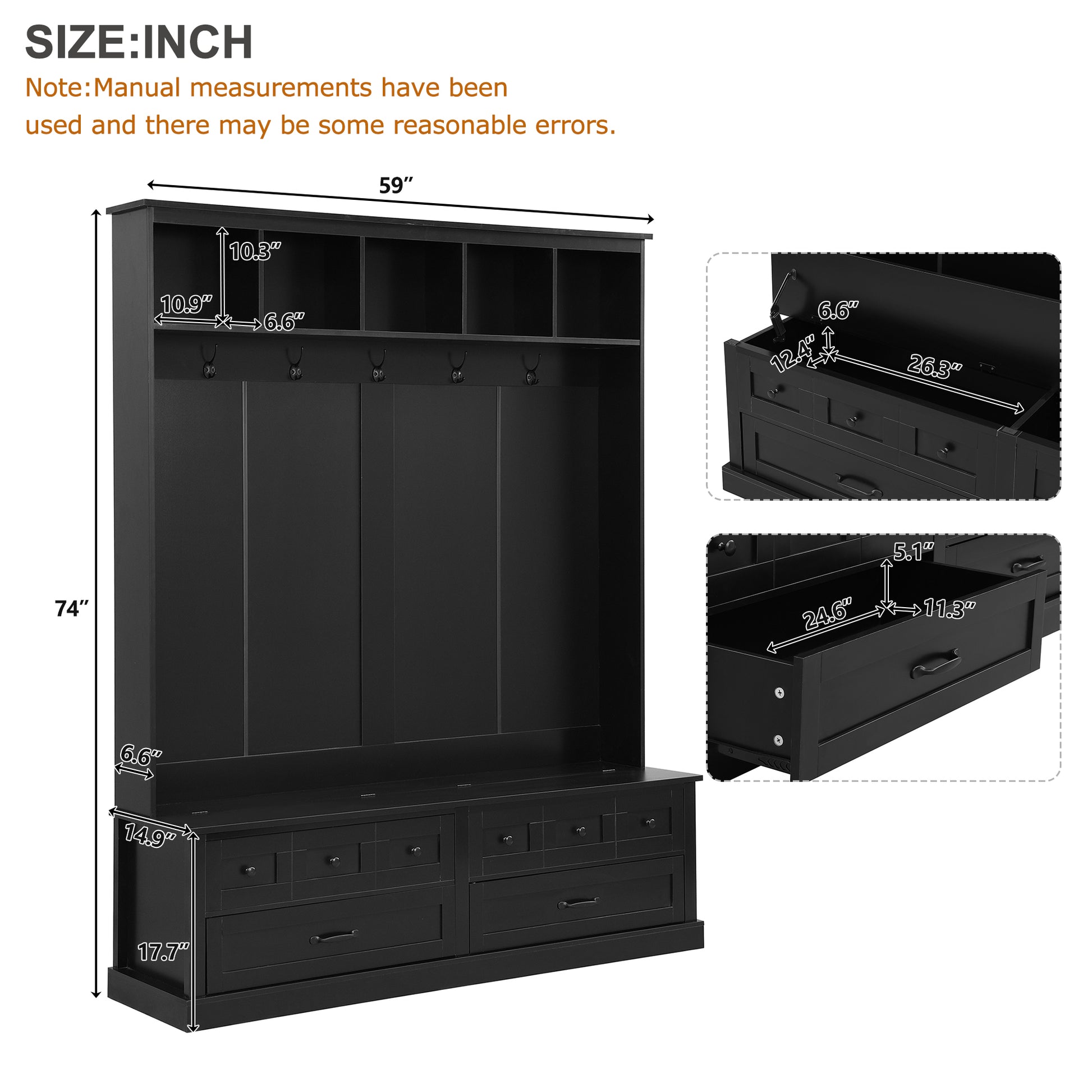 ON-TREND Elegant Wide Hall Tree with 5 Hooks, Versatile Entryway Lift Top Storage Bench with 2 Drawers, Retro Wooden 3-in-1 Coat Rack with Black Handles for Mudroom, Living Room, Black, 59'Wx74'H