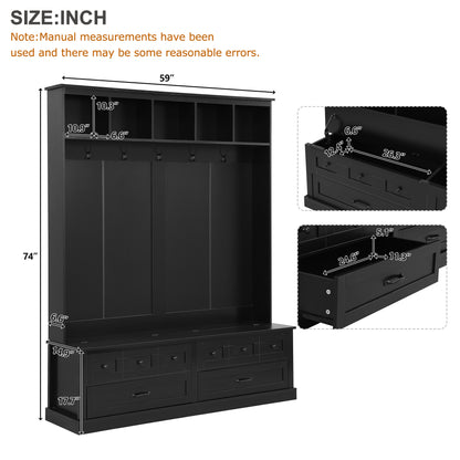 ON-TREND Elegant Wide Hall Tree with 5 Hooks, Versatile Entryway Lift Top Storage Bench with 2 Drawers, Retro Wooden 3-in-1 Coat Rack with Black Handles for Mudroom, Living Room, Black, 59'Wx74'H