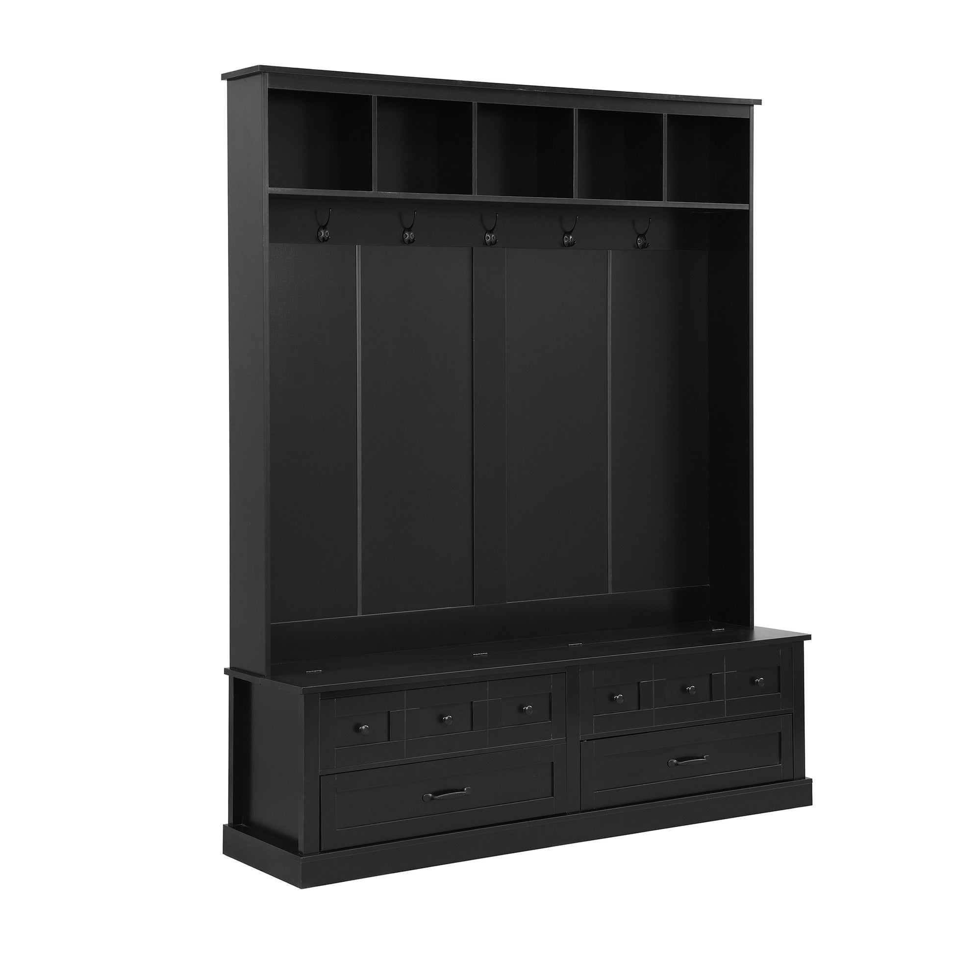 ON-TREND Elegant Wide Hall Tree with 5 Hooks, Versatile Entryway Lift Top Storage Bench with 2 Drawers, Retro Wooden 3-in-1 Coat Rack with Black Handles for Mudroom, Living Room, Black, 59'Wx74'H