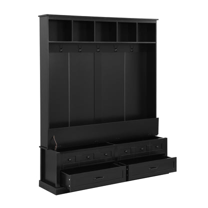 ON-TREND Elegant Wide Hall Tree with 5 Hooks, Versatile Entryway Lift Top Storage Bench with 2 Drawers, Retro Wooden 3-in-1 Coat Rack with Black Handles for Mudroom, Living Room, Black, 59'Wx74'H