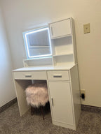 Elegant Rose Pink Vanity Desk with Mirror and LED Lights.