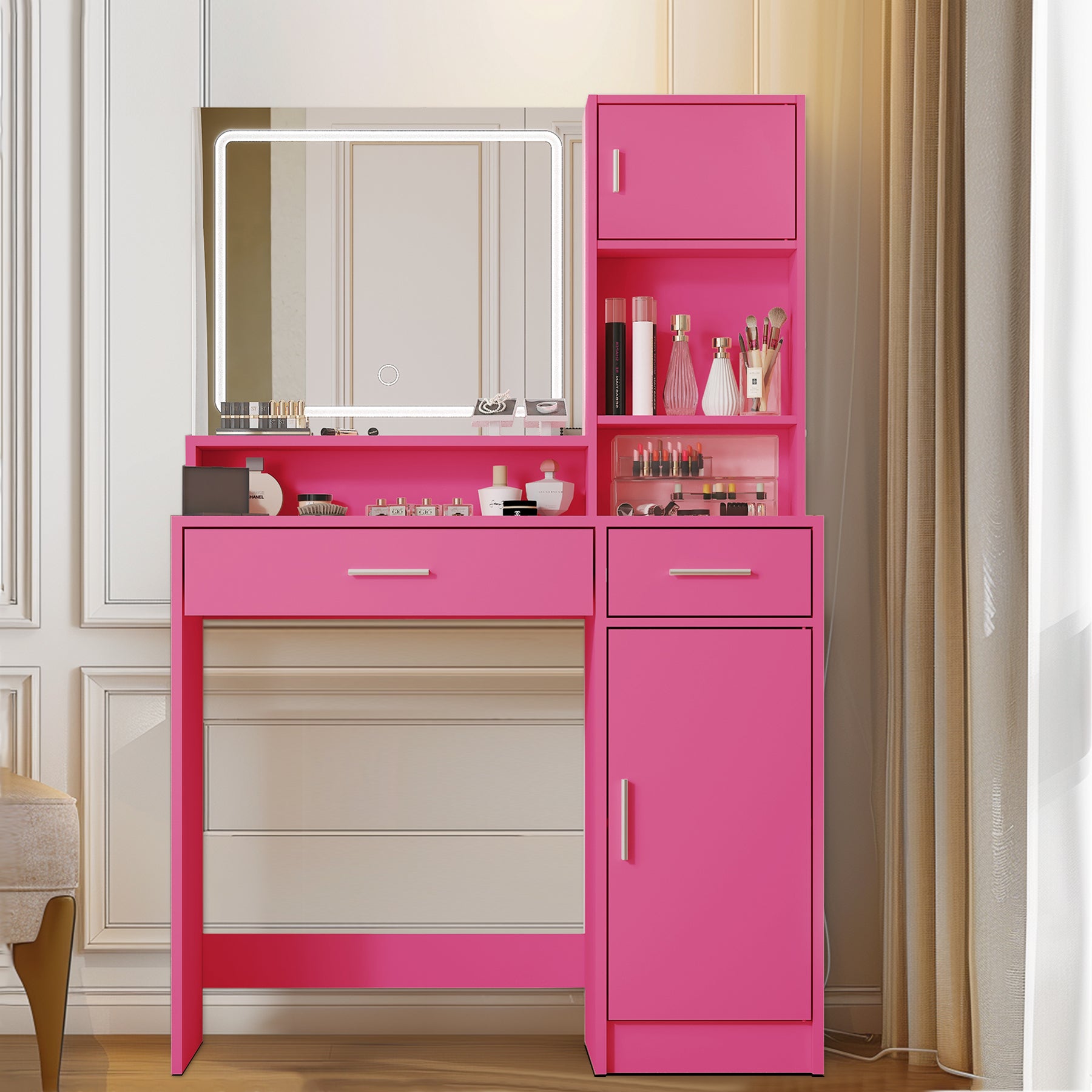 Vanity Desk with Mirror and LED Light Strip,Dressing Table with Large Drawer, 3 Level Storage Dresser & 3 Lighting Modes Adjustable Brightness, Suitable for Bedroom(Rose Pink)