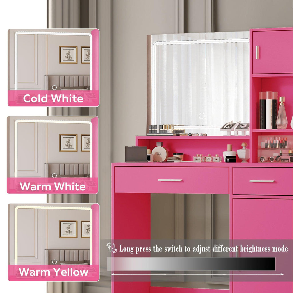 Elegant Rose Pink Vanity Desk with Mirror and LED Lights.