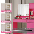 Elegant Rose Pink Vanity Desk with Mirror and LED Lights.