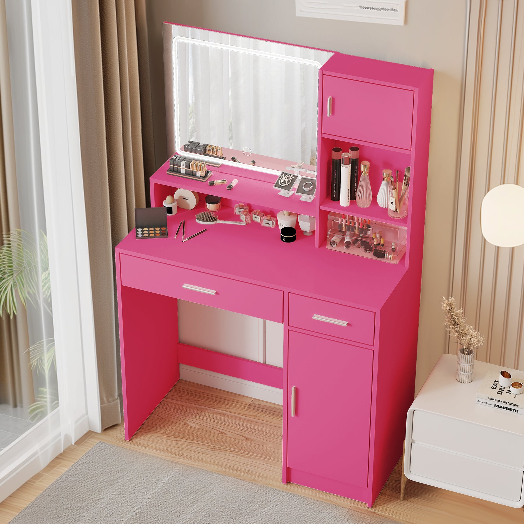 Vanity Desk with Mirror and LED Light Strip,Dressing Table with Large Drawer, 3 Level Storage Dresser & 3 Lighting Modes Adjustable Brightness, Suitable for Bedroom(Rose Pink)