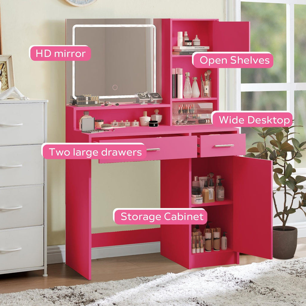 Elegant Rose Pink Vanity Desk with Mirror and LED Lights.