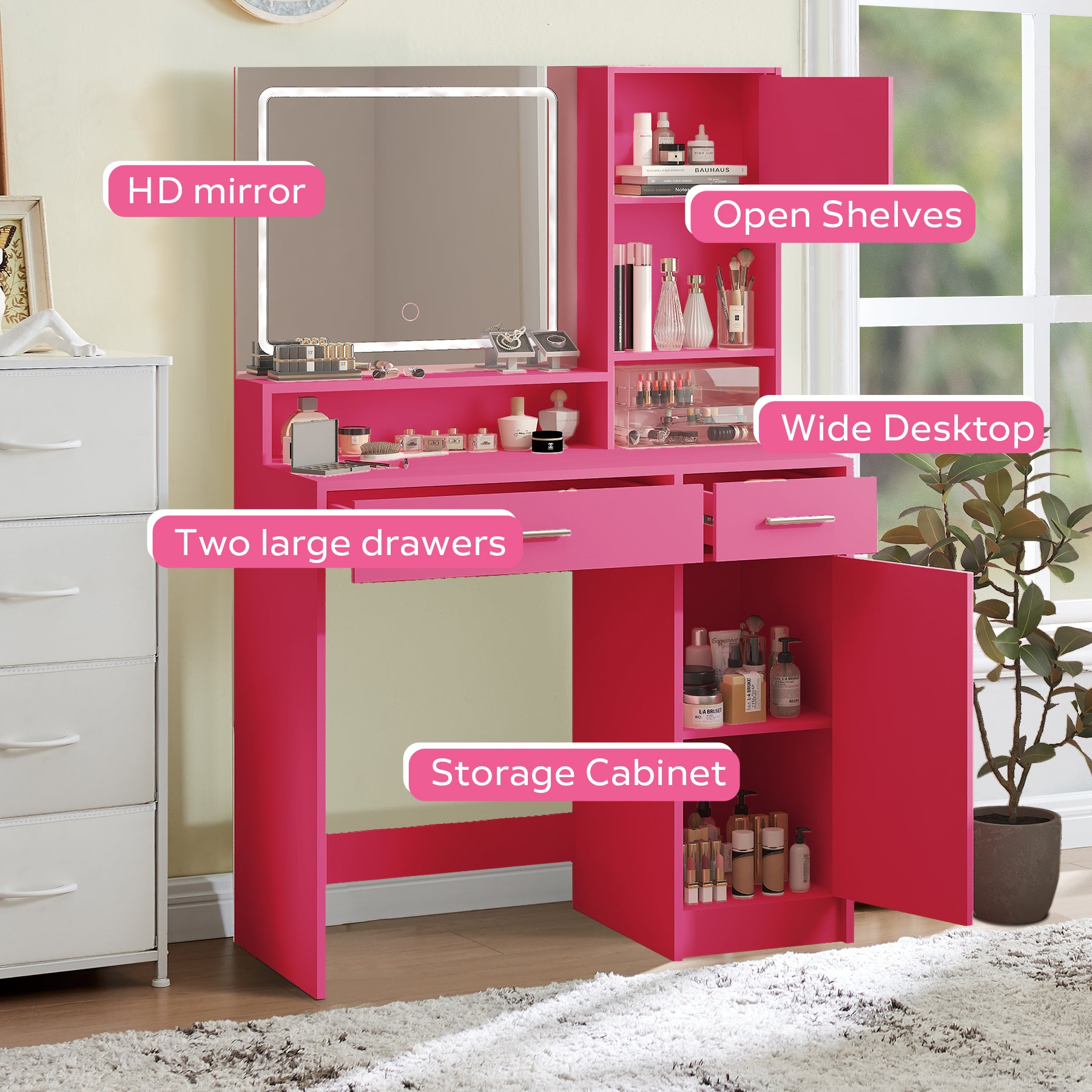 Vanity Desk with Mirror and LED Light Strip,Dressing Table with Large Drawer, 3 Level Storage Dresser & 3 Lighting Modes Adjustable Brightness, Suitable for Bedroom(Rose Pink)