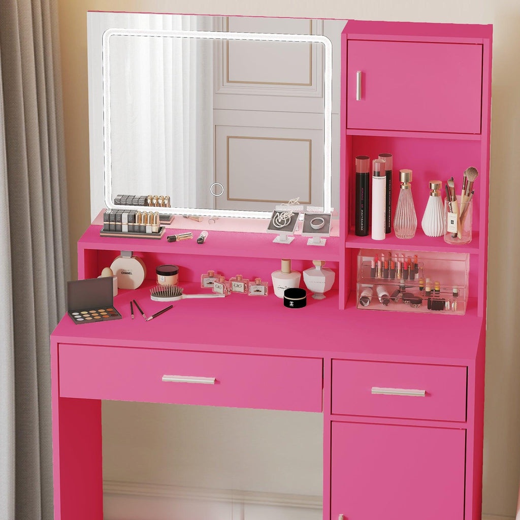 Elegant Rose Pink Vanity Desk with Mirror and LED Lights.