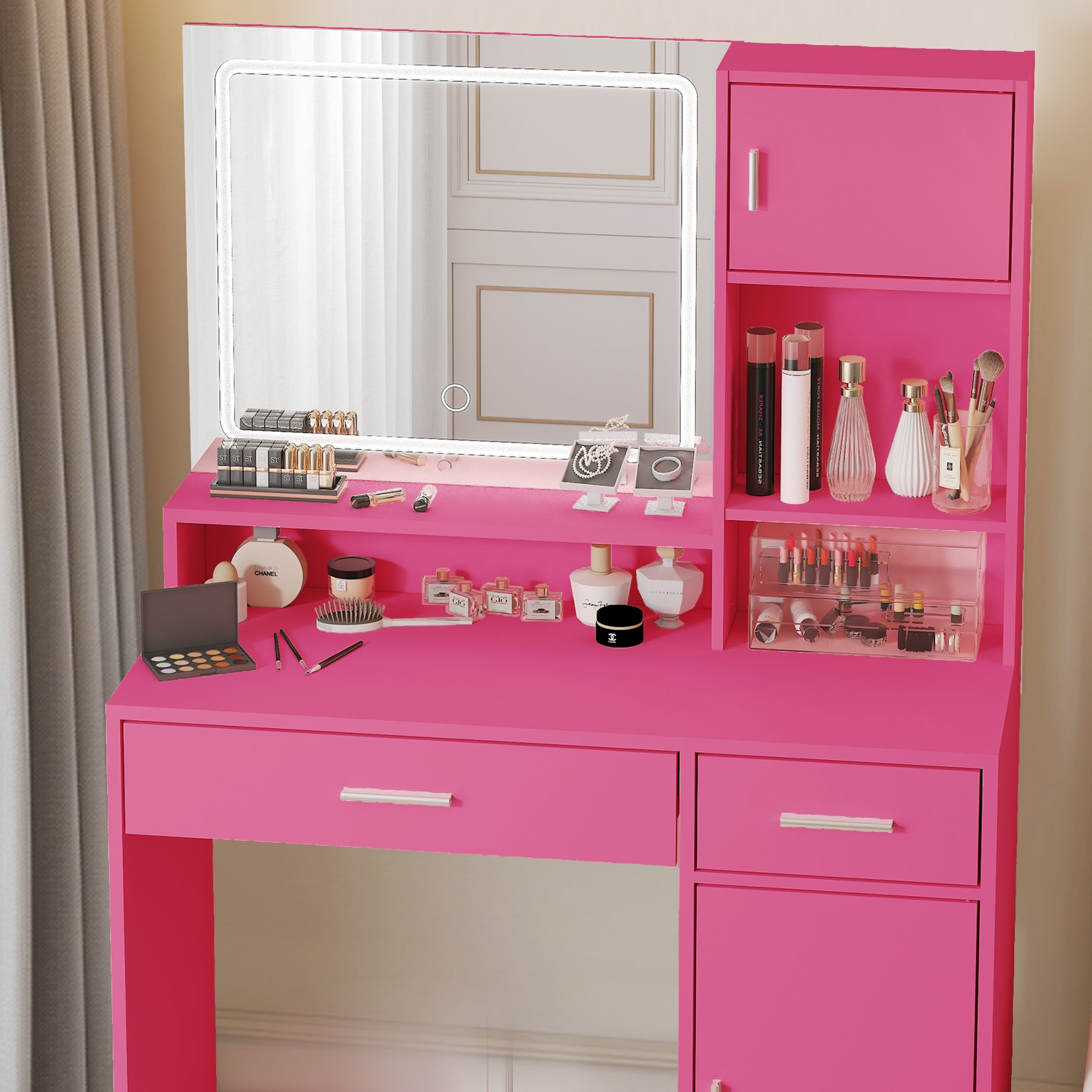 Vanity Desk with Mirror and LED Light Strip,Dressing Table with Large Drawer, 3 Level Storage Dresser & 3 Lighting Modes Adjustable Brightness, Suitable for Bedroom(Rose Pink)