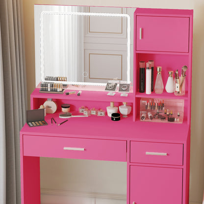 Vanity Desk with Mirror and LED Light Strip,Dressing Table with Large Drawer, 3 Level Storage Dresser & 3 Lighting Modes Adjustable Brightness, Suitable for Bedroom(Rose Pink)