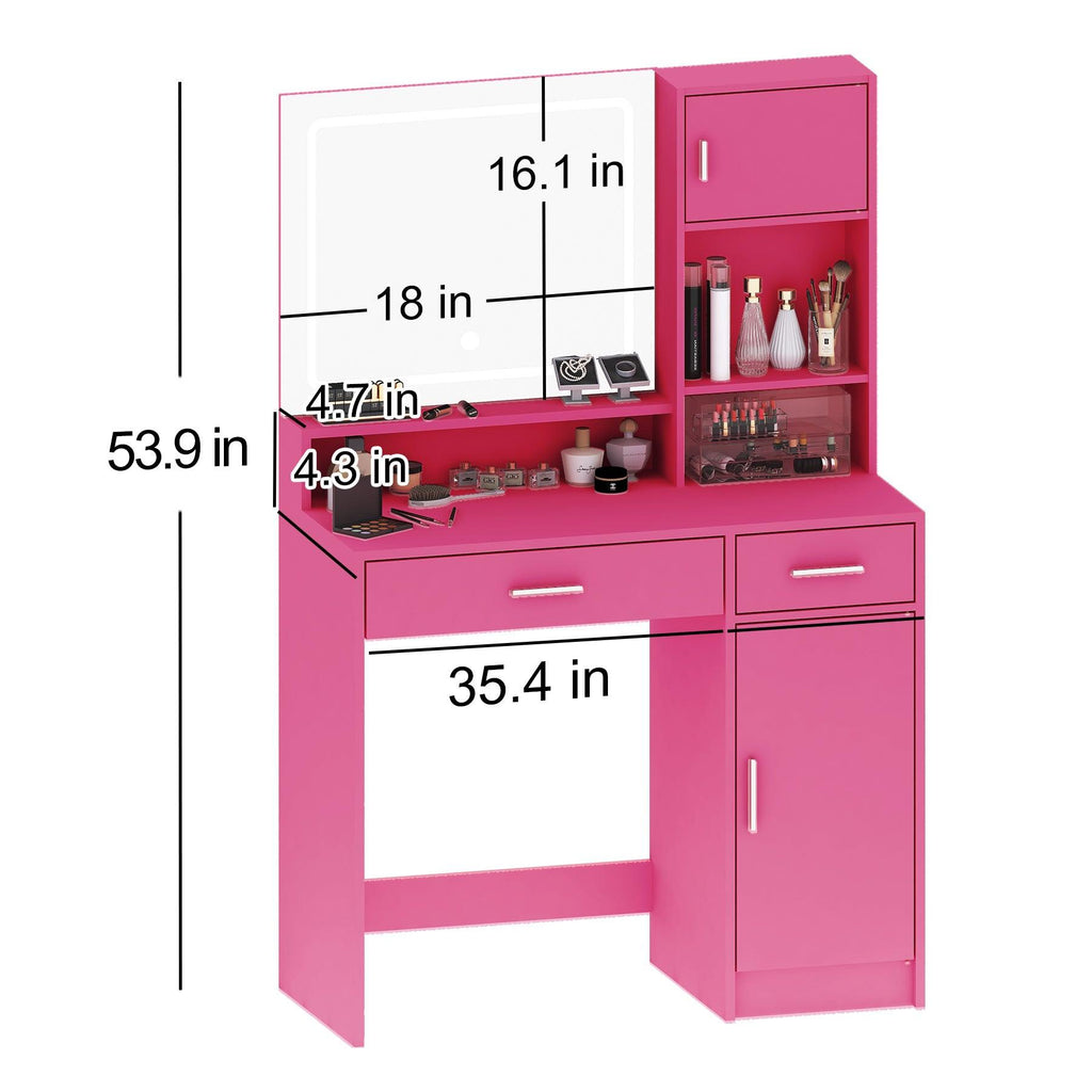 Elegant Rose Pink Vanity Desk with Mirror and LED Lights.