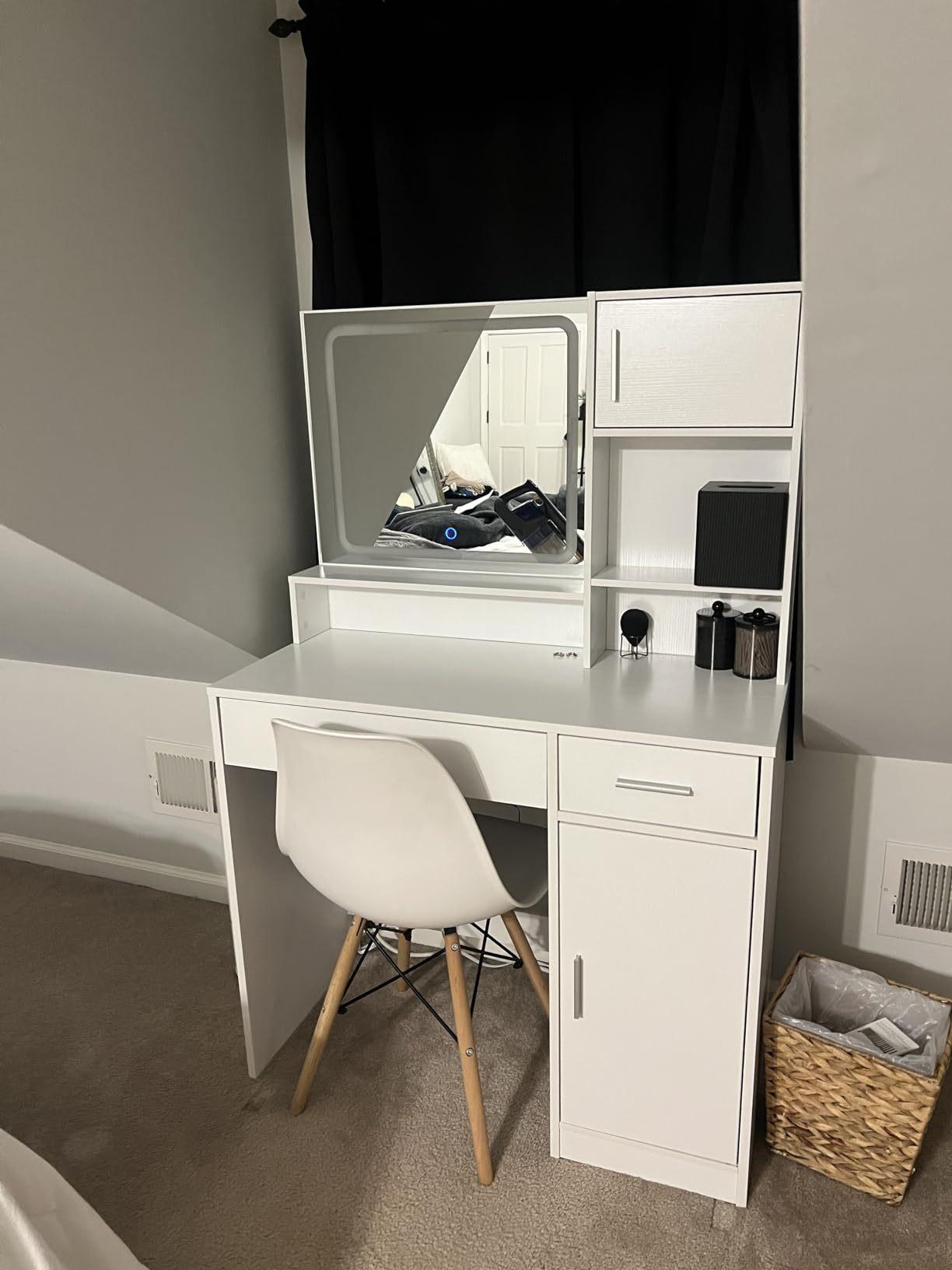 Elegant Rose Pink Vanity Desk with Mirror and LED Lights.