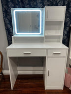 Elegant Rose Pink Vanity Desk with Mirror and LED Lights.