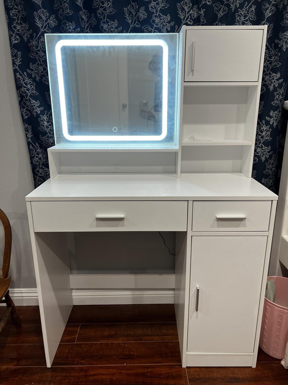 Elegant Rose Pink Vanity Desk with Mirror and LED Lights.