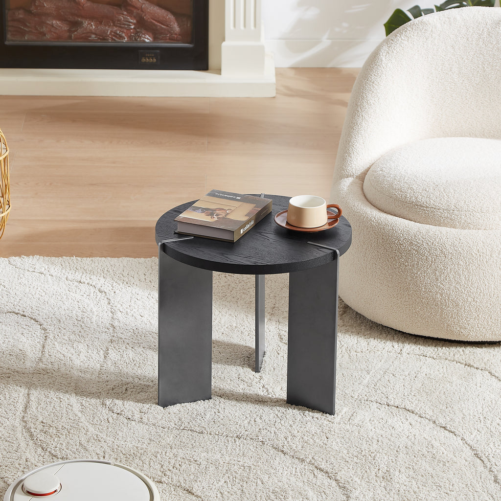 Round Coffee Table Black Oak Wood Surface and Black Metel Feet