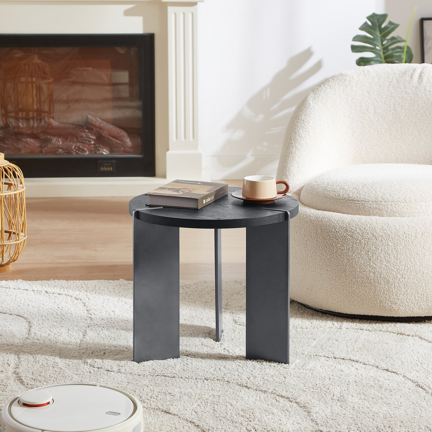 Round Coffee Table Black Oak Wood Surface and Black Metel Feet