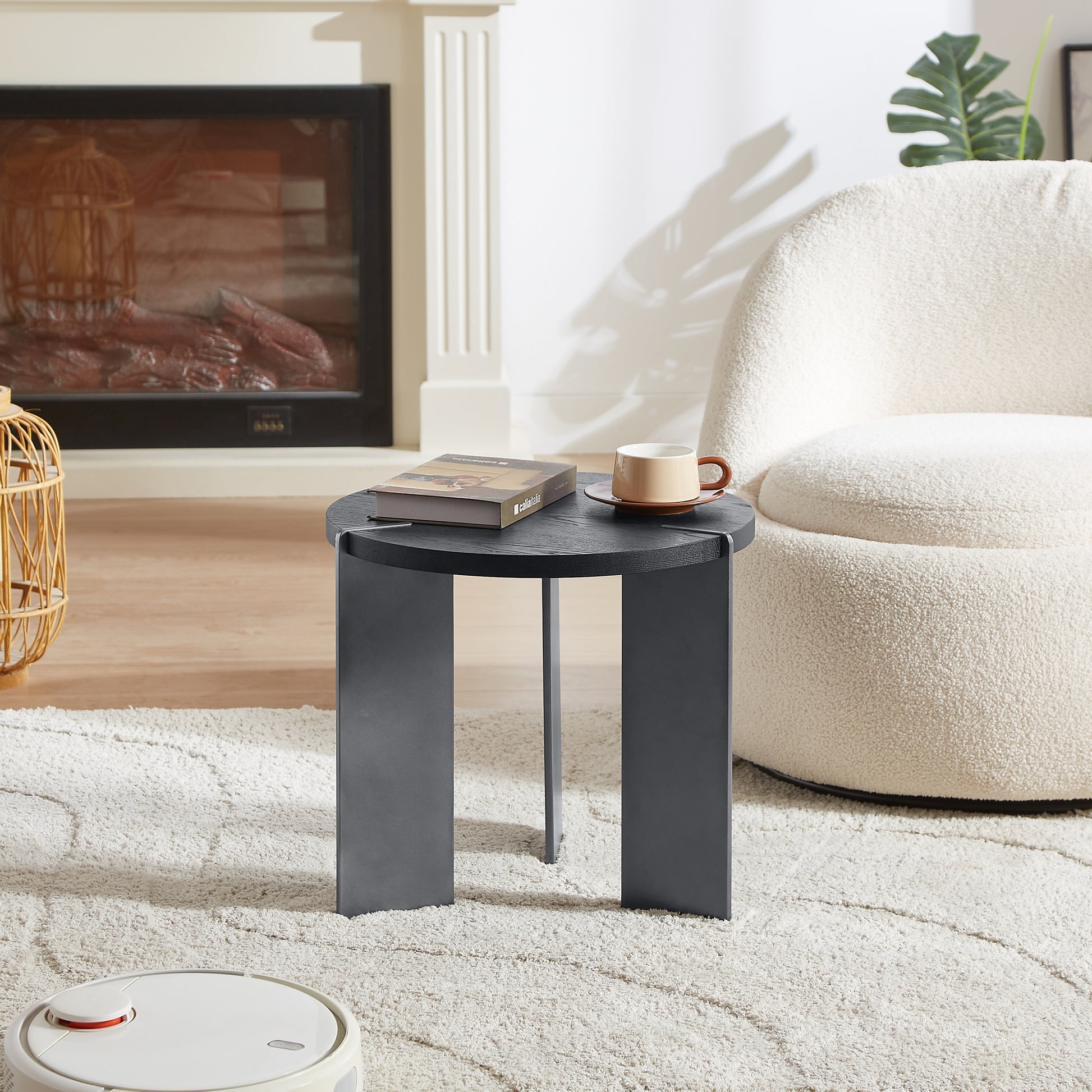 Round Coffee Table Black Oak Wood Surface and Black Metel Feet