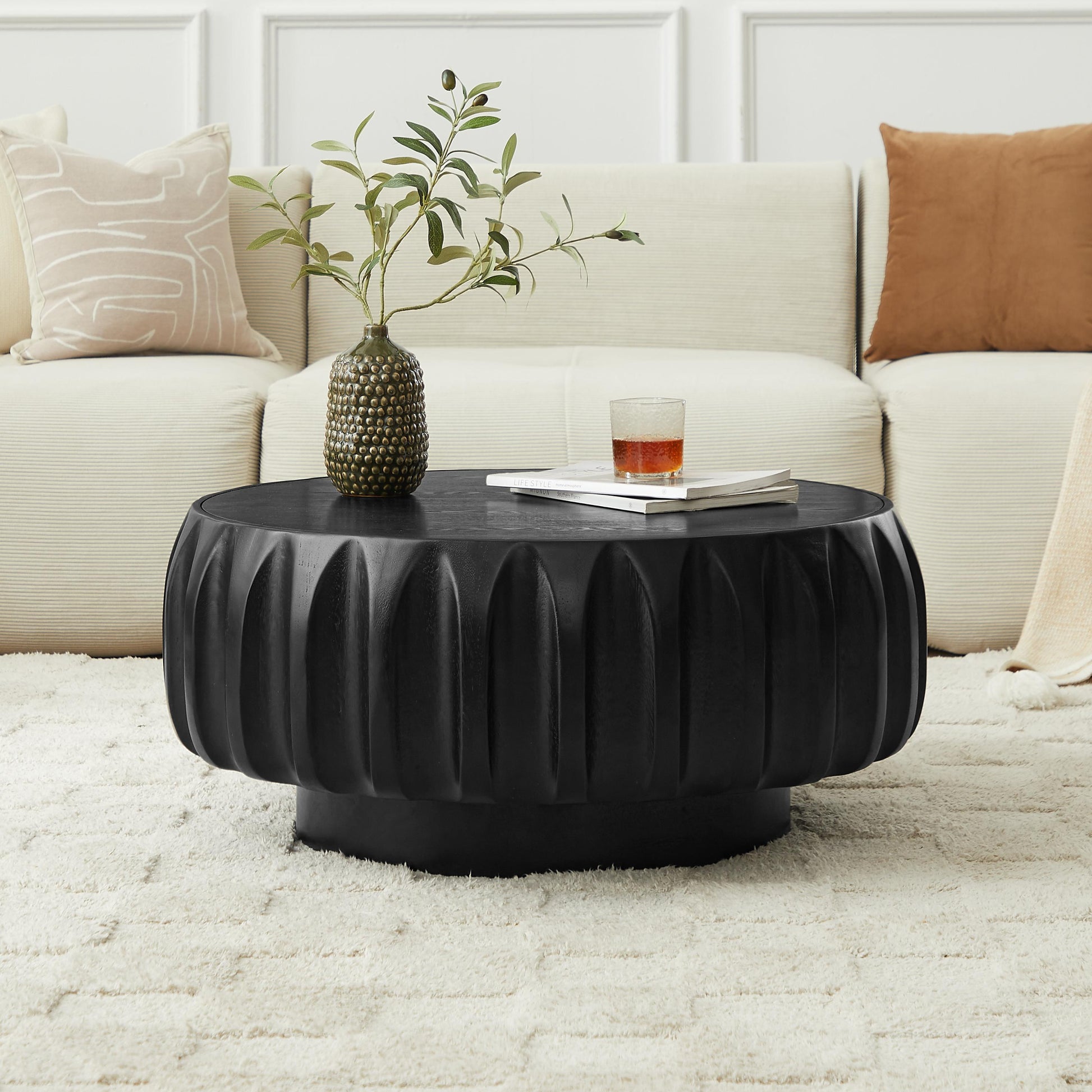 Round Solid Wood Carved Coffee Table with Elegant Sculptural Design Coffee Table