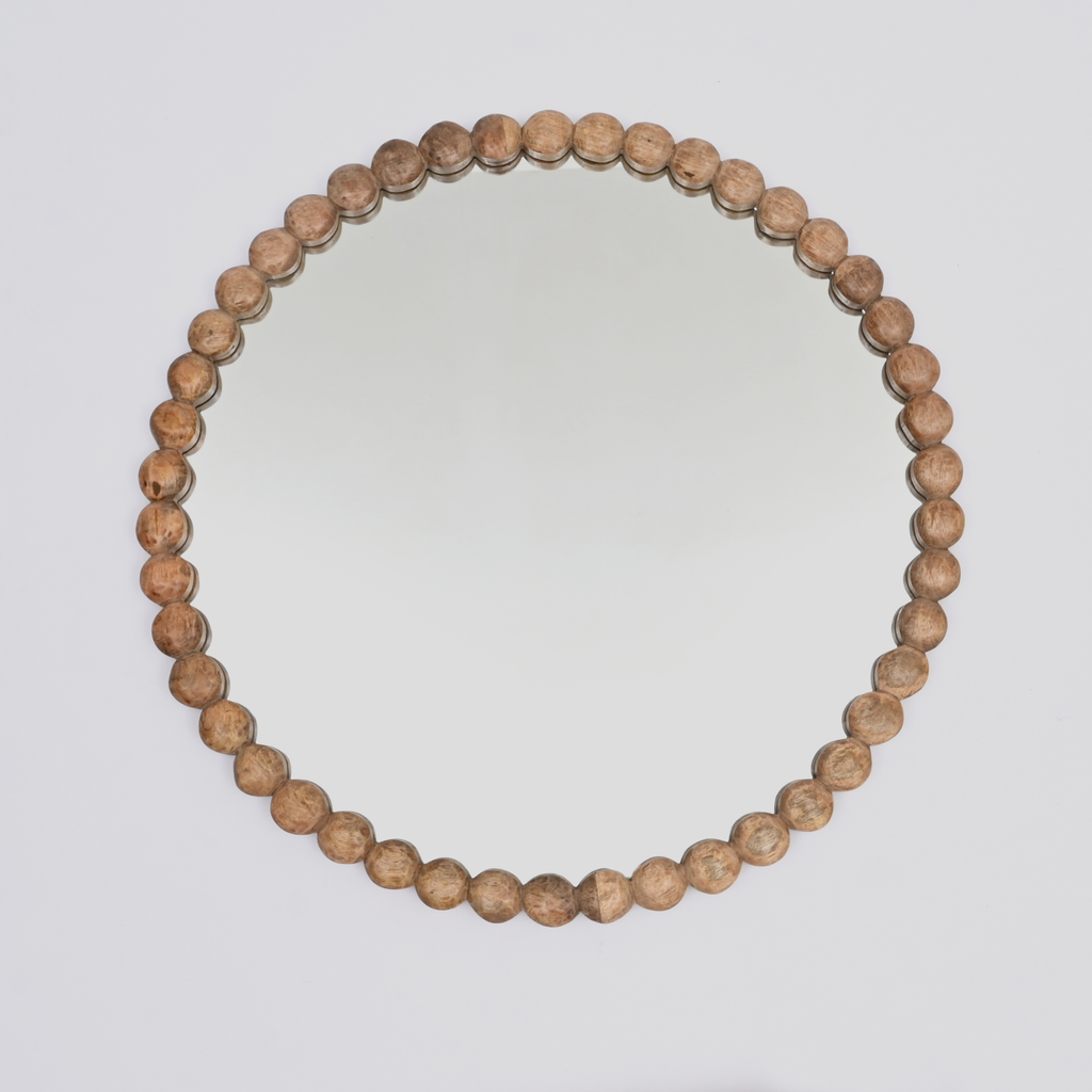Decorative Round Hanging Wall Mirror with Natural Wooden Bead Design Frame, 32'