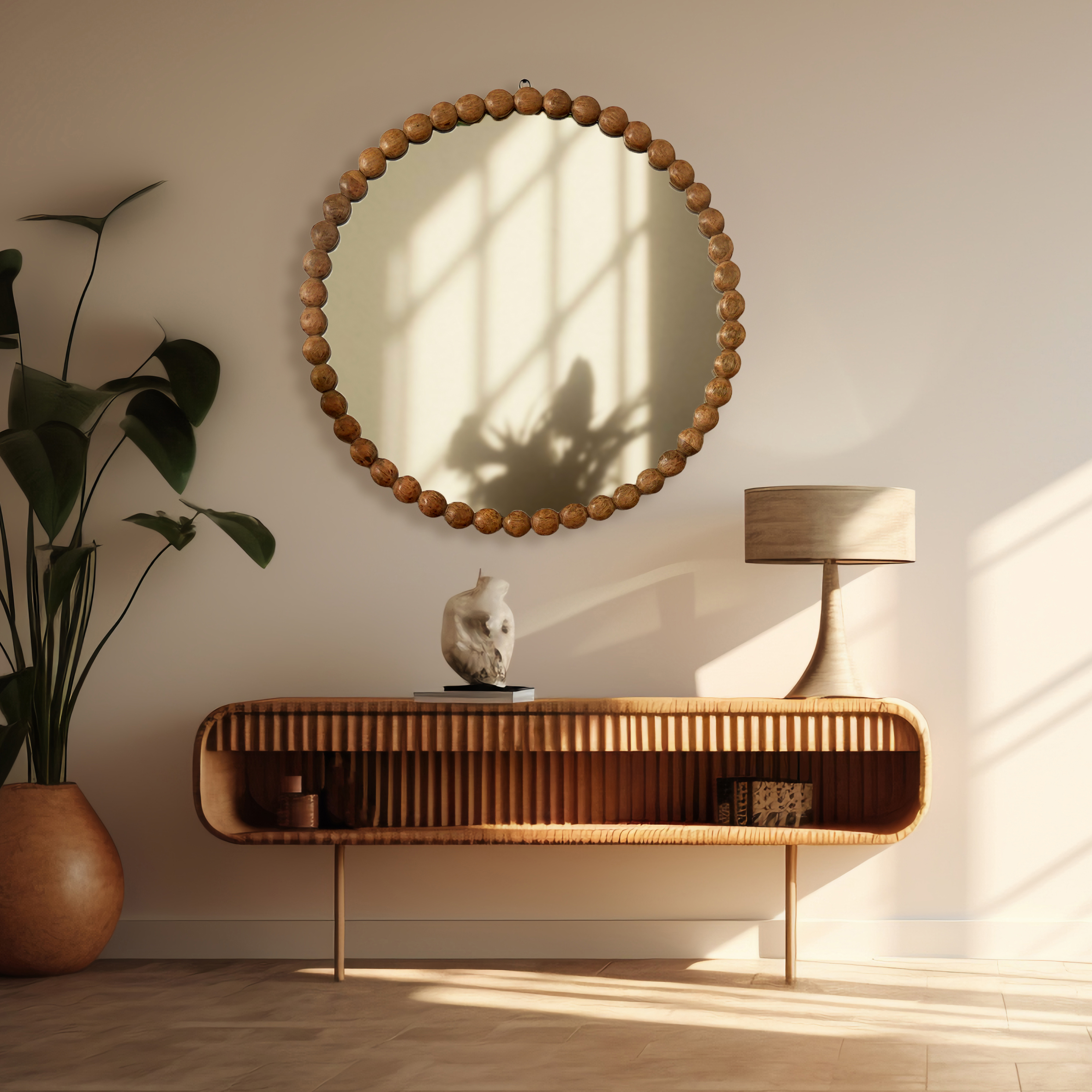 Decorative Round Hanging Wall Mirror with Natural Wooden Bead Design Frame, 32'