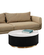 1pc Round Cocktail Table Marble Top Gold Accent Plinth Base Black White And Gold Finish Primary Living Room Coffee Table