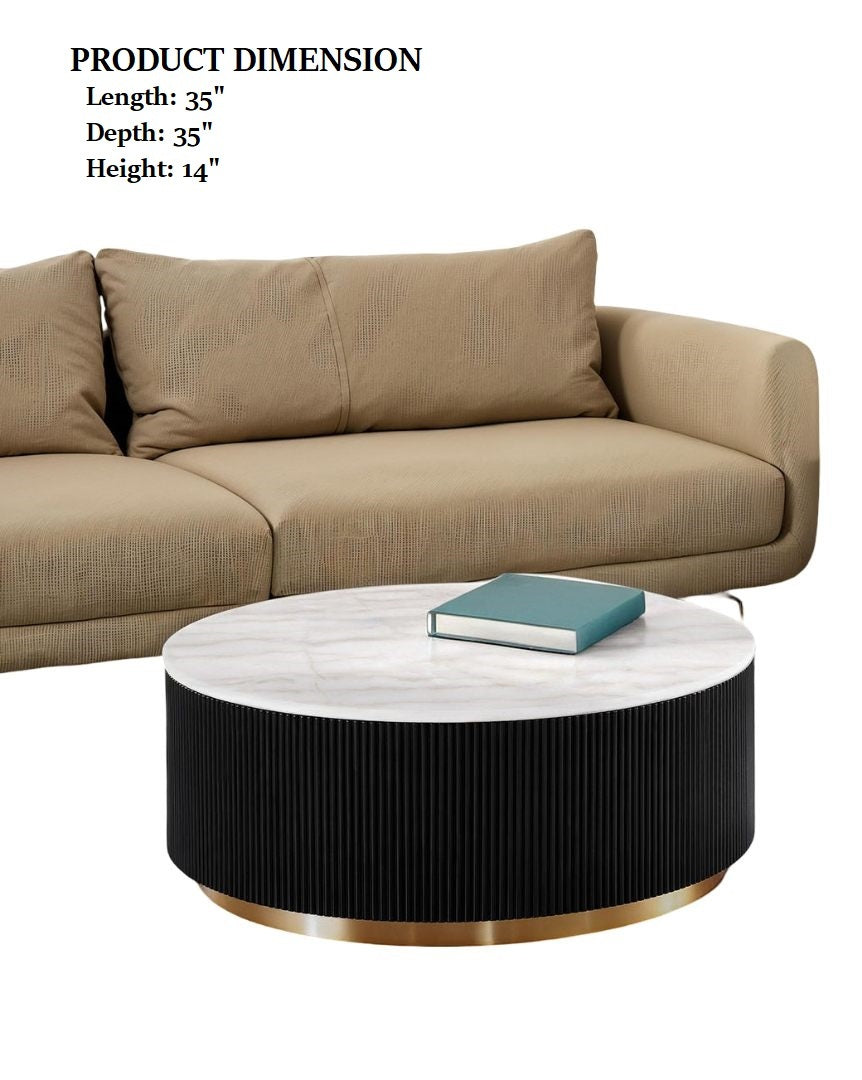 1pc Round Cocktail Table Marble Top Gold Accent Plinth Base Black White And Gold Finish Primary Living Room Coffee Table
