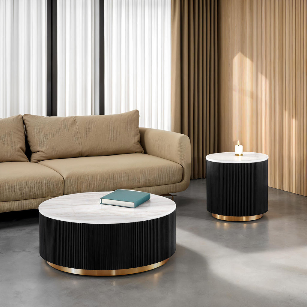 1pc Round Cocktail Table Marble Top Gold Accent Plinth Base Black White And Gold Finish Primary Living Room Coffee Table