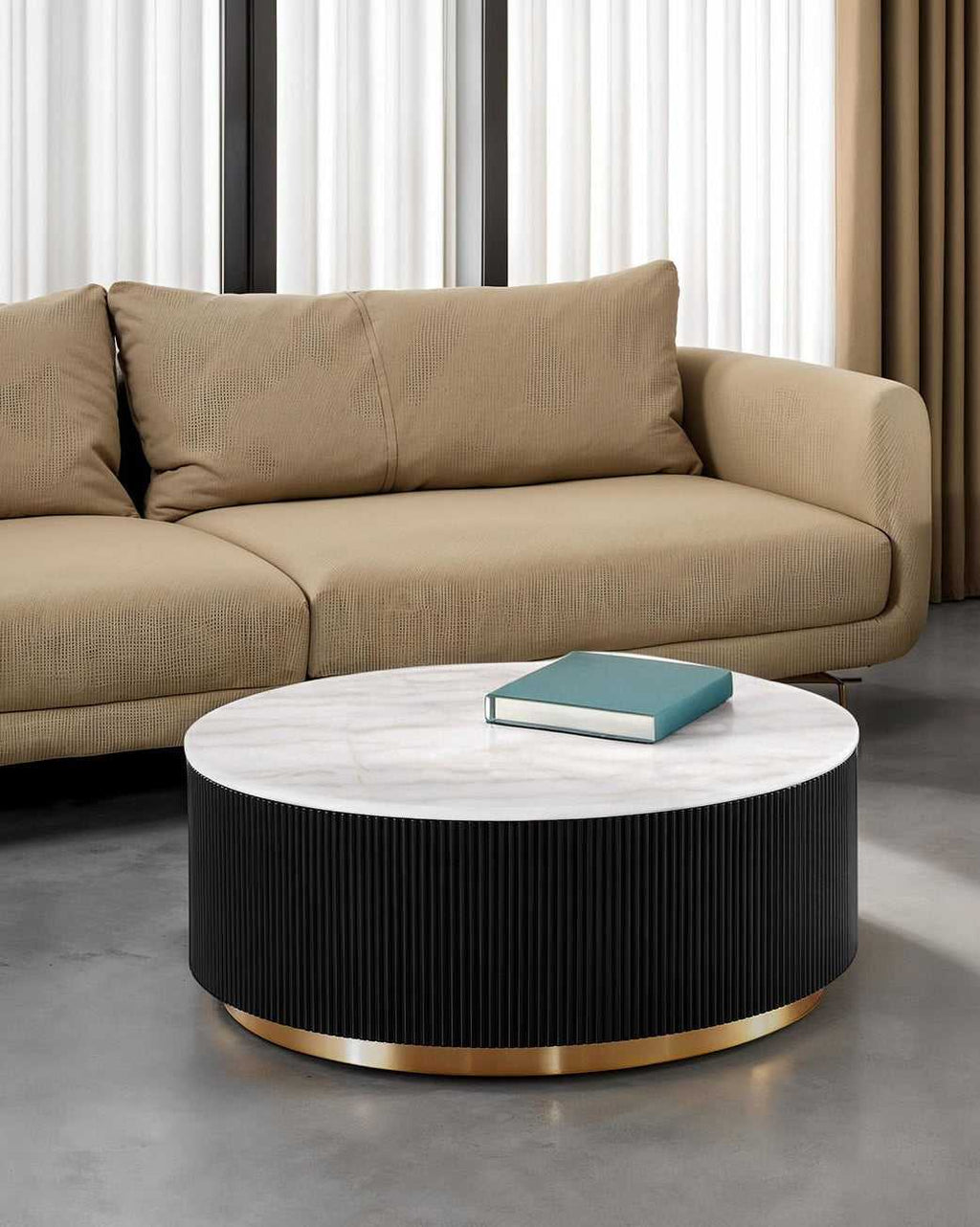 1pc Round Cocktail Table Marble Top Gold Accent Plinth Base Black White And Gold Finish Primary Living Room Coffee Table