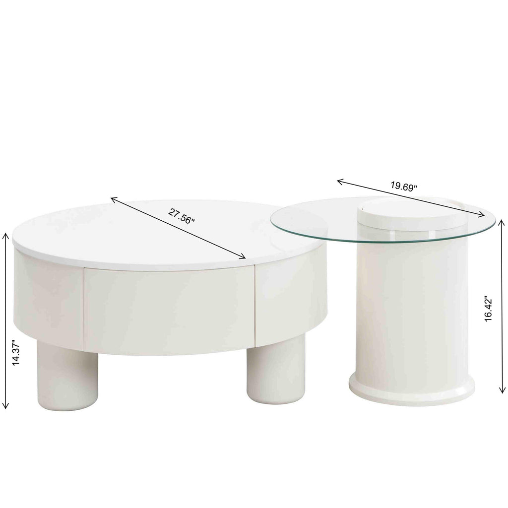Elegant Round Nesting Coffee Table Set with Drawer, White.