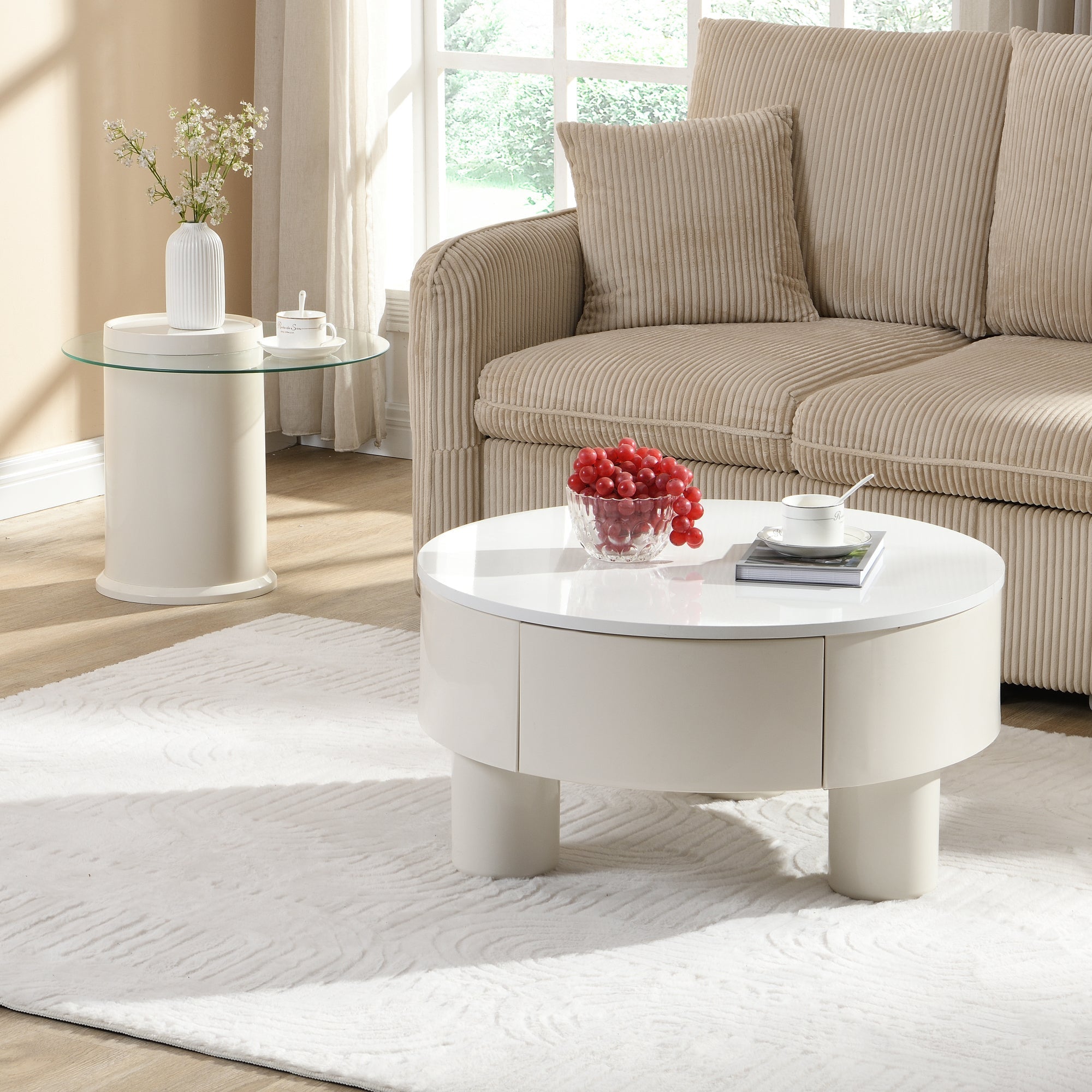 Round Nesting Coffee Table Set of 2, Coffee Table with Storage Drawer, White Plastic Center Table for Living Room, Large 27.56'', Small 19.69''