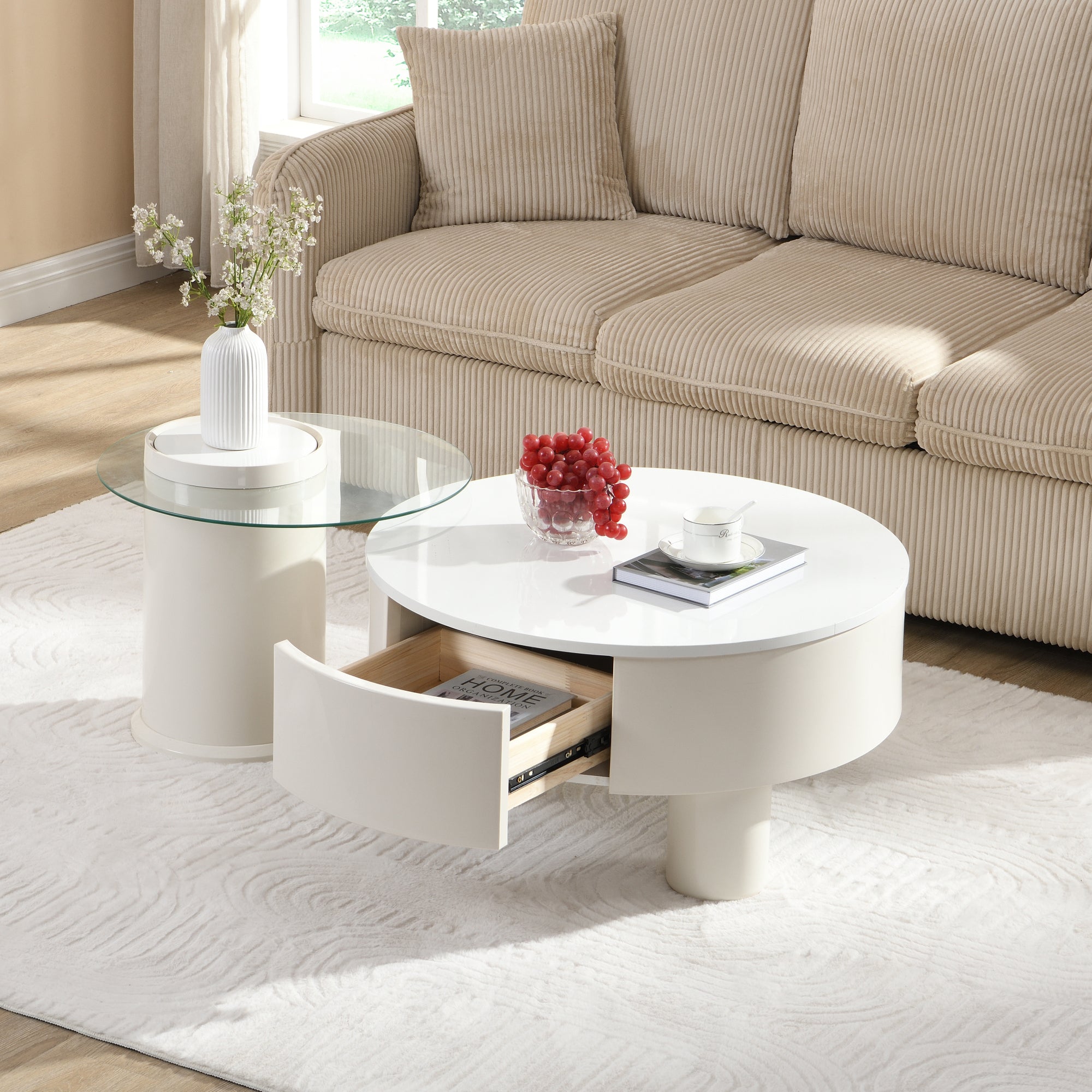 Round Nesting Coffee Table Set of 2, Coffee Table with Storage Drawer, White Plastic Center Table for Living Room, Large 27.56'', Small 19.69''