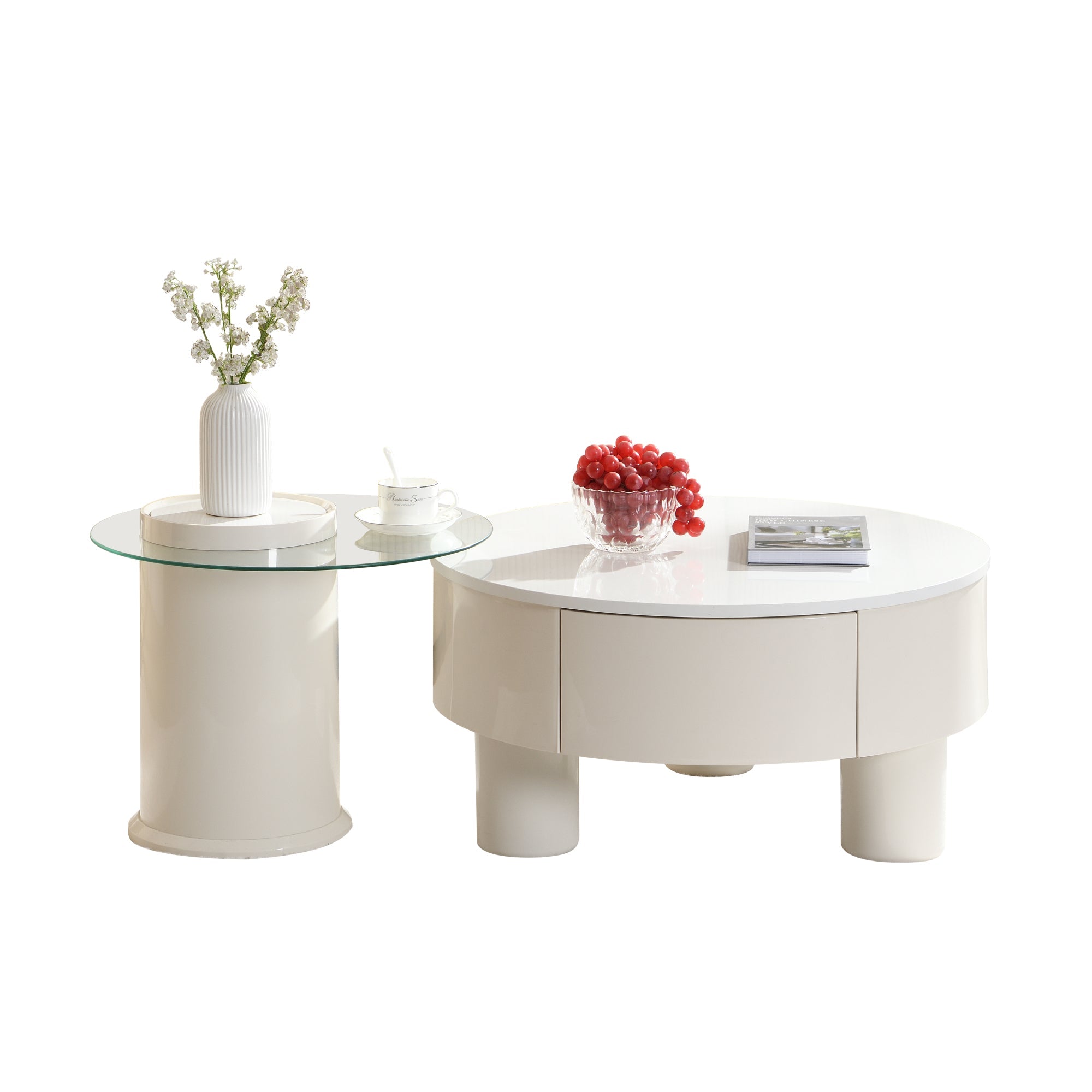 Round Nesting Coffee Table Set of 2, Coffee Table with Storage Drawer, White Plastic Center Table for Living Room, Large 27.56'', Small 19.69''