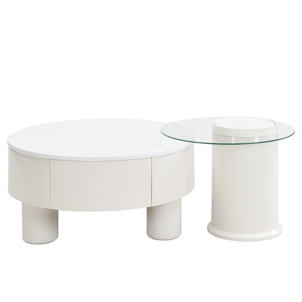 Elegant Round Nesting Coffee Table Set with Drawer, White.