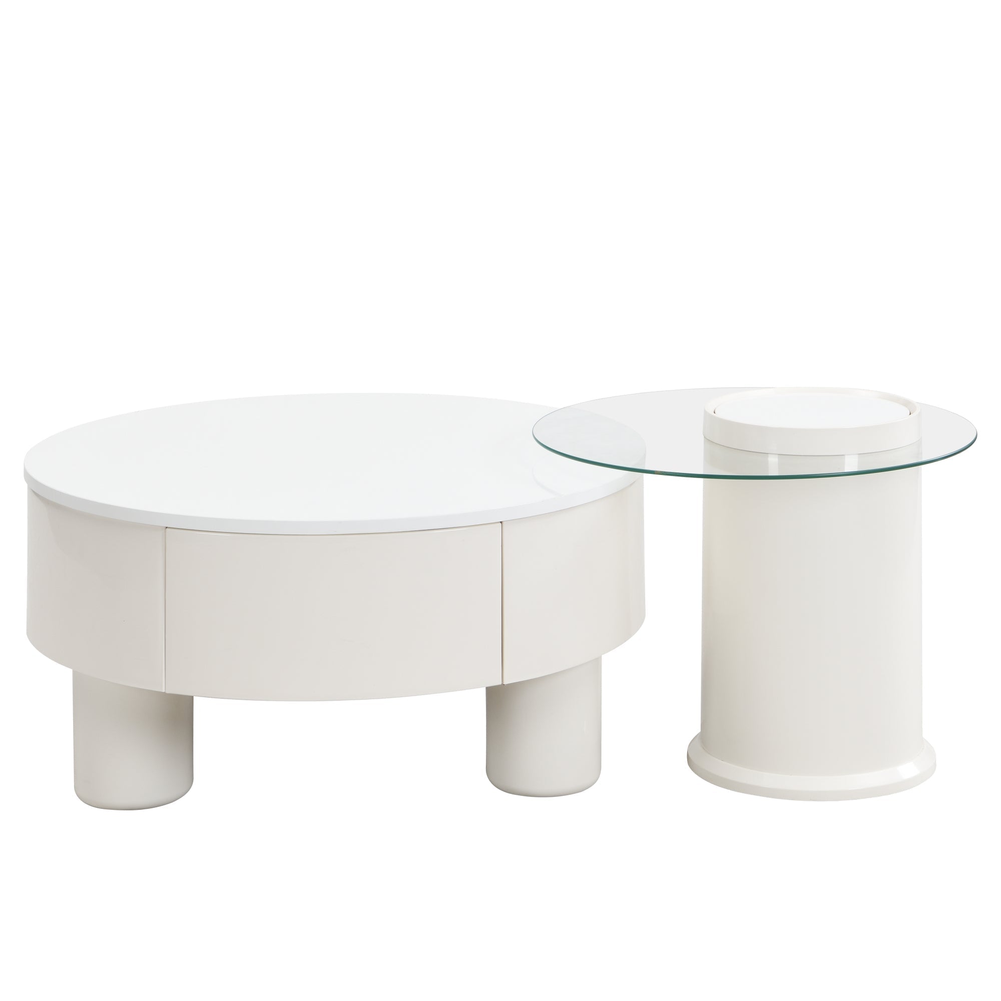 Round Nesting Coffee Table Set of 2, Coffee Table with Storage Drawer, White Plastic Center Table for Living Room, Large 27.56'', Small 19.69''